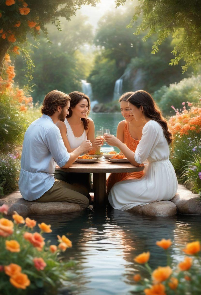 A warm and inviting scene showcasing diverse individuals sharing moments of intimacy and compassion, perhaps through a group hug, sharing a meal, or a heartwarming conversation. The background features soft, nature-inspired elements like blooming flowers and gently flowing water, symbolizing growth and connection. A serene color palette exuding warmth and positivity enhances the atmosphere. super-realistic. vibrant colors. soft focus.