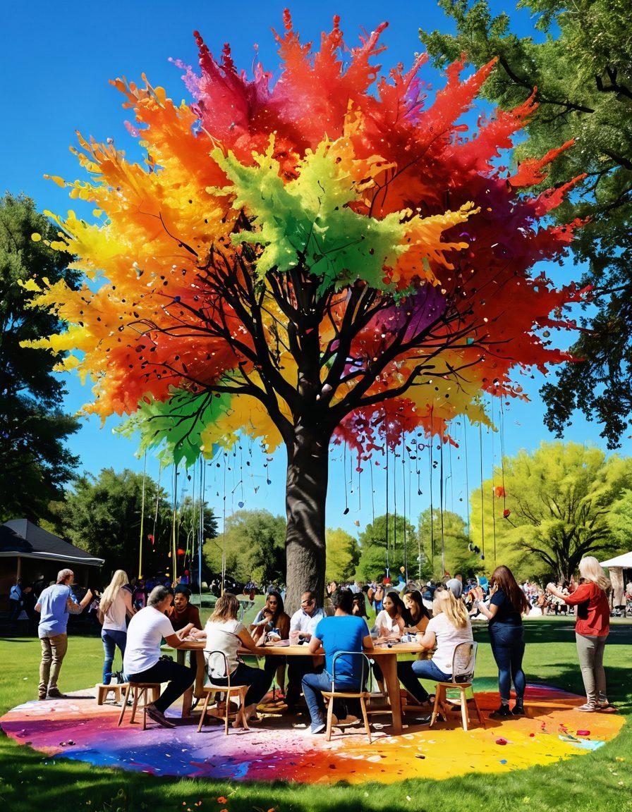 A diverse group of people collaborating on a vibrant art installation in a sunny outdoor setting, showcasing creativity blending with community spirit. Include bright paint splatters, natural elements like trees and flowers, and smiles of engagement. Surround them with floating icons of creativity like paintbrushes, musical notes, and lightbulbs. super-realistic. vibrant colors. outdoor scene.