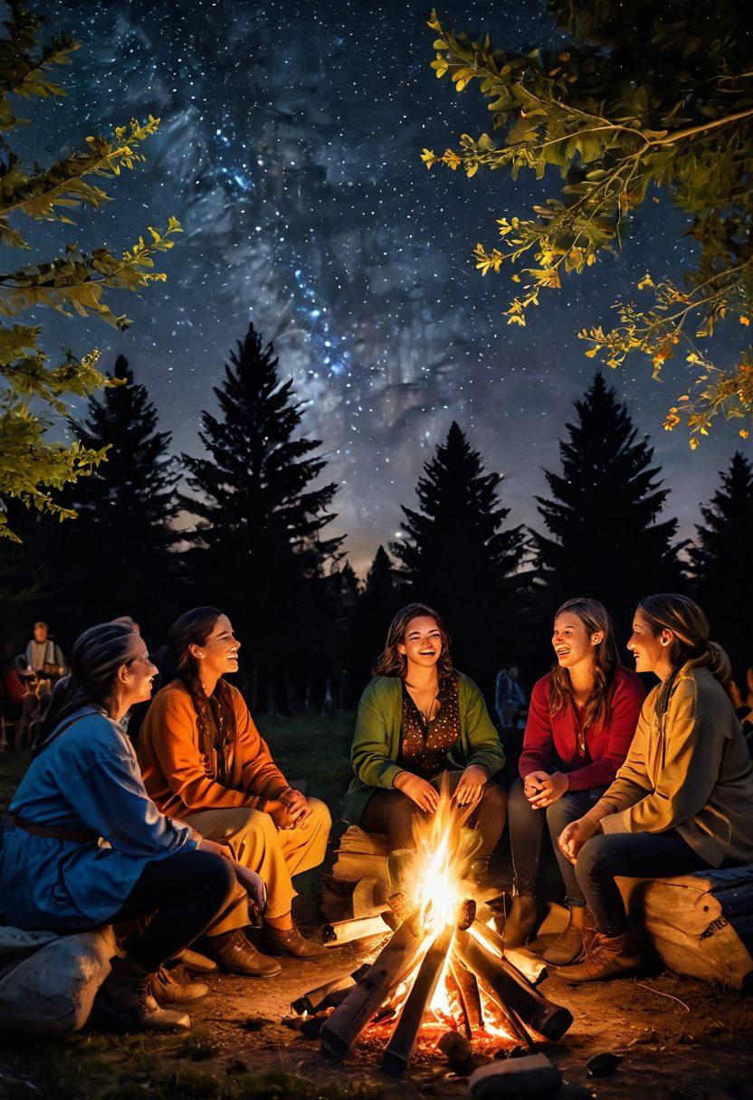 A warm gathering of diverse people, sharing laughter and stories around a bonfire under a starry sky, showcasing their cultural backgrounds through unique attire. Emphasize connection with warm, inviting colors and soft light illuminating their faces, highlighting joy and community. Include natural elements like trees or flowers symbolizing growth and harmony. super-realistic. vibrant colors. night setting.